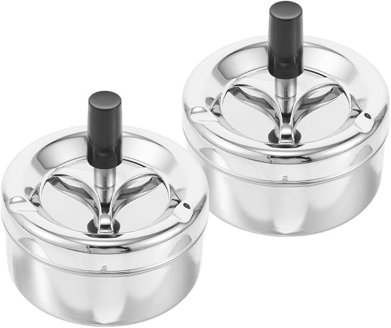 علبة رماد دوارة قابلة للدفع مع غطاء 2 قطعة صينية مكتبية معدنية فضية مقاومة للرياح وخالية من الدخان - Image 1